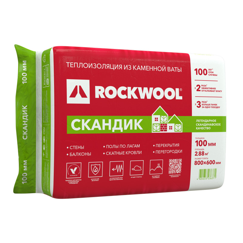 Плита Rockwool Лайт Баттс Скандик 800х600х100 (2,88 м2)